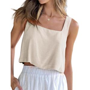 imageIDEALSANXUN Linen Crop Tank Tops for Women Summer Sleeveless Casual Cute Square Neck Tank TopsBeige