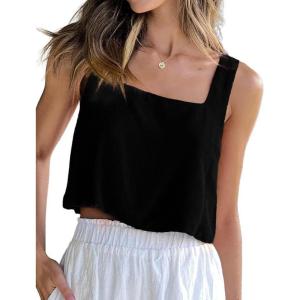 imageIDEALSANXUN Linen Crop Tank Tops for Women Summer Sleeveless Casual Cute Square Neck Tank TopsBlack