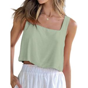 imageIDEALSANXUN Linen Crop Tank Tops for Women Summer Sleeveless Casual Cute Square Neck Tank TopsLight Green