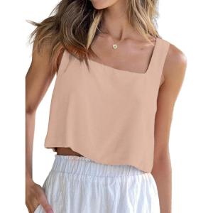 imageIDEALSANXUN Linen Crop Tank Tops for Women Summer Sleeveless Casual Cute Square Neck Tank TopsPink