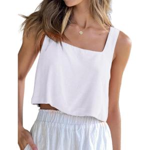 imageIDEALSANXUN Linen Crop Tank Tops for Women Summer Sleeveless Casual Cute Square Neck Tank TopsWhite