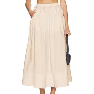 imageIDEALSANXUN Linen Skirts for Women Spring Summer Casual Trendy Flowy Elastic High Waisted Midi Skirt with PocketsBeige