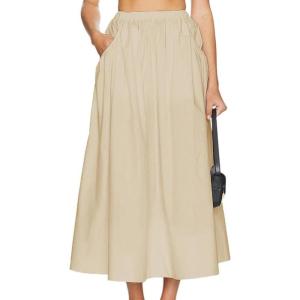 imageIDEALSANXUN Linen Skirts for Women Spring Summer Casual Trendy Flowy Elastic High Waisted Midi Skirt with PocketsKhaki