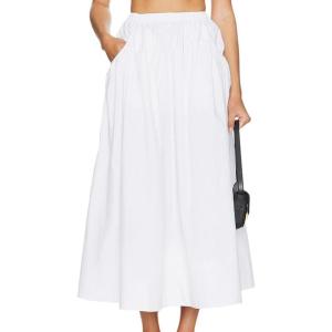 imageIDEALSANXUN Linen Skirts for Women Spring Summer Casual Trendy Flowy Elastic High Waisted Midi Skirt with PocketsWhite