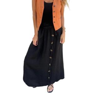 imageIDEALSANXUN Linen Skirts for Women Spring Summer Casual Trendy Flowy Lightweight Elastic Waist Long Maxi Skirt with BeltBlack