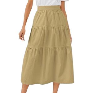 imageIDEALSANXUN Linen Skirts for Women Spring Summer Outfits A Line Elastic High Waisted Casual Lightweight Tiered Midi SkirtKhaki