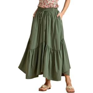 imageIDEALSANXUN Ruffle Long Flowy Skirts for Women Summer A Line Elastic High Waisted Casual Beach Maxi Skirts with PocketsArmy