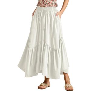 imageIDEALSANXUN Ruffle Long Flowy Skirts for Women Summer A Line Elastic High Waisted Casual Beach Maxi Skirts with PocketsBeige