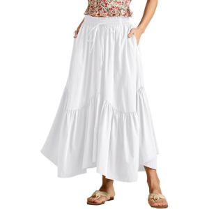 imageIDEALSANXUN Ruffle Long Flowy Skirts for Women Summer A Line Elastic High Waisted Casual Beach Maxi Skirts with PocketsWhite