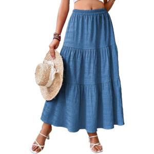 imageIDEALSANXUN Tiered Skirt Women Spring Summer Elastic High Waisted Flowy A Line Pleated Long Maxi SkirtsNavy