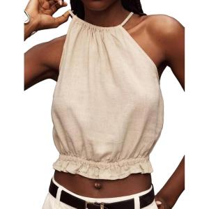 imageIDEALSANXUN Womens Crop Linen Halter Tops Summer High Neck Tank Tops Sleeveless ShirtsBeige