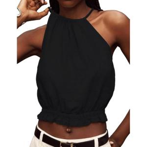 imageIDEALSANXUN Womens Crop Linen Halter Tops Summer High Neck Tank Tops Sleeveless ShirtsBlack