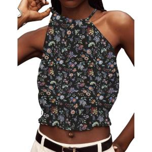 imageIDEALSANXUN Womens Crop Linen Halter Tops Summer High Neck Tank Tops Sleeveless ShirtsFloral Black