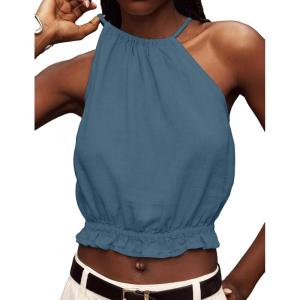imageIDEALSANXUN Womens Crop Linen Halter Tops Summer High Neck Tank Tops Sleeveless ShirtsGrey Blue