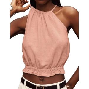 imageIDEALSANXUN Womens Crop Linen Halter Tops Summer High Neck Tank Tops Sleeveless ShirtsPink
