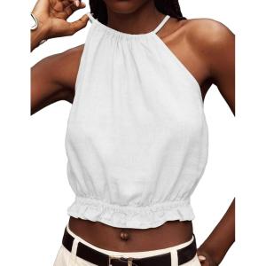 imageIDEALSANXUN Womens Crop Linen Halter Tops Summer High Neck Tank Tops Sleeveless ShirtsWhite