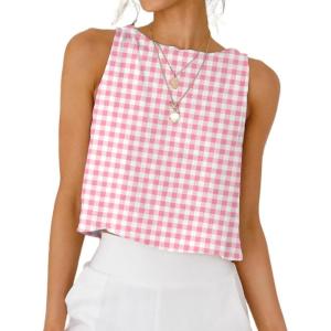 imageIDEALSANXUN Womens Gingham Tank Tops Spring Summer Casual Crop Cotton Sleeveless Shirts BlousesPink