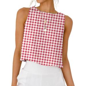 imageIDEALSANXUN Womens Gingham Tank Tops Spring Summer Casual Crop Cotton Sleeveless Shirts BlousesWine