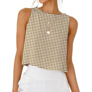 imageIDEALSANXUN Womens Gingham Tank Tops Spring Summer Casual Crop Cotton Sleeveless Shirts BlousesZ Dark Khaki