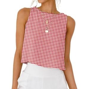 imageIDEALSANXUN Womens Gingham Tank Tops Spring Summer Casual Crop Cotton Sleeveless Shirts BlousesZ Wine