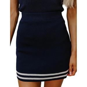imageIDEALSANXUN Womens Knit Striped Skirt High Waisted Stretch Bodycon Mini SkirtNavy