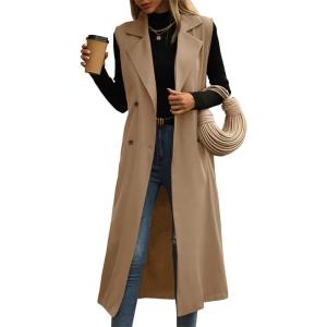imageIDEALSANXUN Womens Long Vest Casual Double Breasted Sleeveless Trench Coat JacketsDark Khaki