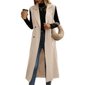 imageIDEALSANXUN Womens Long Vest Casual Double Breasted Sleeveless Trench Coat JacketsKhaki