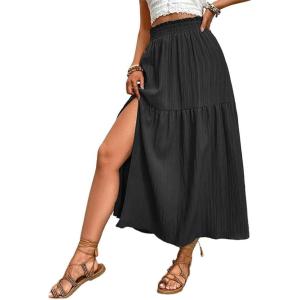 imageIDEALSANXUN Womens Ruffle Midi Skirt with Slit Spring Summer Elastic High Waisted Casual Flowy A Line Beach SkirtsBlack