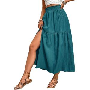 imageIDEALSANXUN Womens Ruffle Midi Skirt with Slit Spring Summer Elastic High Waisted Casual Flowy A Line Beach SkirtsBlue