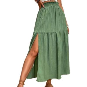 imageIDEALSANXUN Womens Ruffle Midi Skirt with Slit Spring Summer Elastic High Waisted Casual Flowy A Line Beach SkirtsGreen
