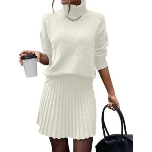 imageIDEALSANXUN Womens Sweater and Skirt Set Fall Winter 2 Piece Set Turtleneck Sweater Pleated SkirtBeige