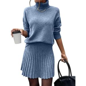 imageIDEALSANXUN Womens Sweater and Skirt Set Fall Winter 2 Piece Set Turtleneck Sweater Pleated SkirtBlue
