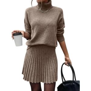 imageIDEALSANXUN Womens Sweater and Skirt Set Fall Winter 2 Piece Set Turtleneck Sweater Pleated SkirtBrown