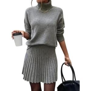 imageIDEALSANXUN Womens Sweater and Skirt Set Fall Winter 2 Piece Set Turtleneck Sweater Pleated SkirtGrey