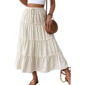 imageIDEALSANXUN Womens Tiered Flowy Maxi Skirt Summer Boho Elastic Waist Pleated A Line Loose Swing Long Beach DressBeige
