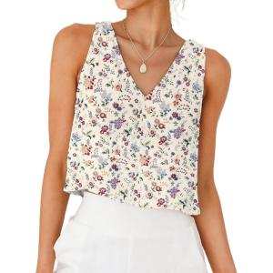 imageIDEALSANXUN Womens V Neck Cropped Linen Tank Tops Spring Summer Sleeveless ShirtsFloral Beige