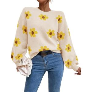 imageWomens Daisy Sweater Fall Winter Long Sleeve Pullover Loose Fit Flower Knit Sweater TopsBeige