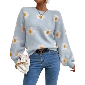 imageWomens Daisy Sweater Fall Winter Long Sleeve Pullover Loose Fit Flower Knit Sweater TopsBlue