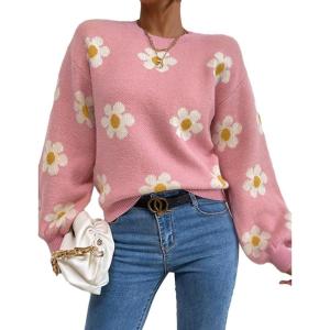 imageWomens Daisy Sweater Fall Winter Long Sleeve Pullover Loose Fit Flower Knit Sweater TopsPink