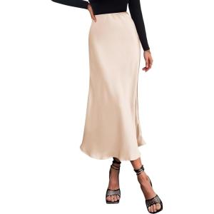 imageIDEALSANXUN Womens Satin Skirt Fall Winter Silk Elegant High Waisted Flowy ALine Midi SkirtsBeige