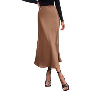 imageIDEALSANXUN Womens Satin Skirt Fall Winter Silk Elegant High Waisted Flowy ALine Midi SkirtsCoffee