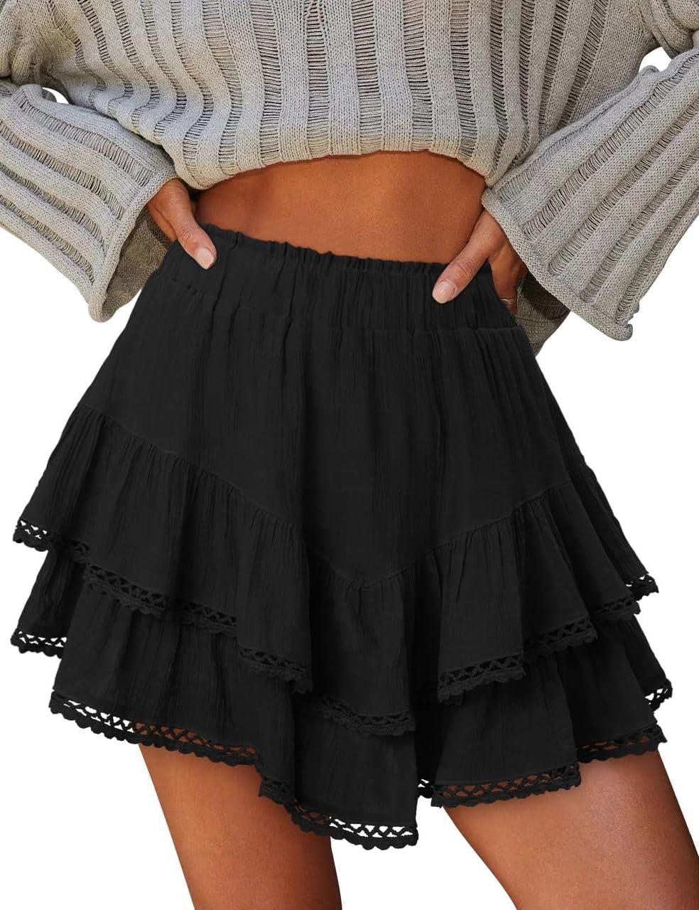 imageIDEALSANXUN Womens Flowy Shorts Tiered Ruffle Skorts High Waisted Casual Boho Lace Mini SkirtBlack