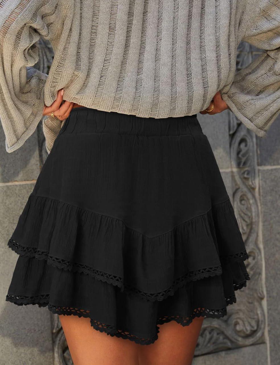 imageIDEALSANXUN Womens Flowy Shorts Tiered Ruffle Skorts High Waisted Casual Boho Lace Mini SkirtBlack