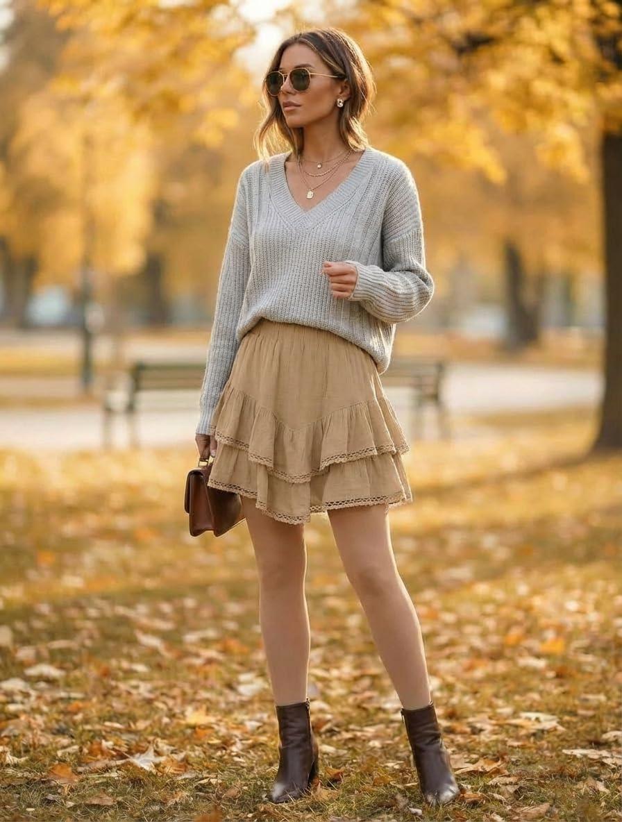 imageIDEALSANXUN Womens Flowy Shorts Tiered Ruffle Skorts High Waisted Casual Boho Lace Mini SkirtKhaki