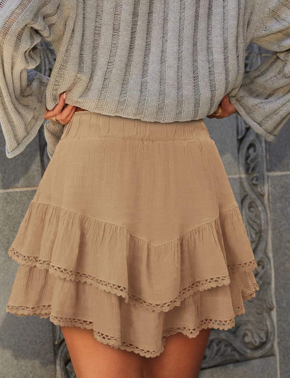 imageIDEALSANXUN Womens Flowy Shorts Tiered Ruffle Skorts High Waisted Casual Boho Lace Mini SkirtKhaki