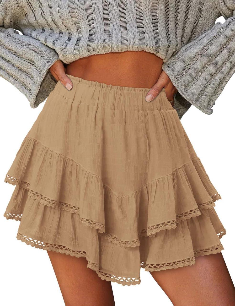 imageIDEALSANXUN Womens Flowy Shorts Tiered Ruffle Skorts High Waisted Casual Boho Lace Mini SkirtKhaki