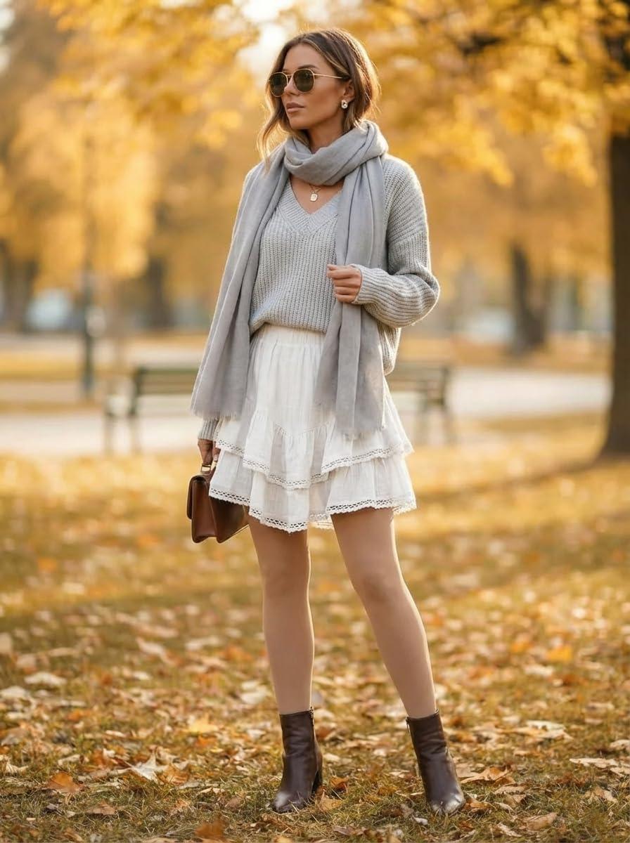 imageIDEALSANXUN Womens Flowy Shorts Tiered Ruffle Skorts High Waisted Casual Boho Lace Mini SkirtWhite