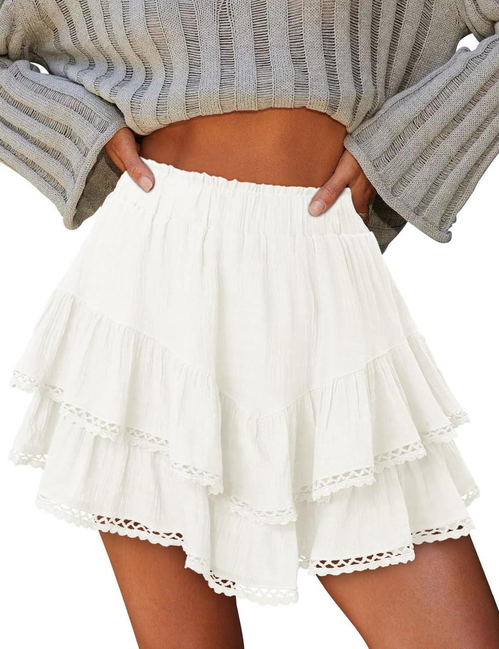 imageIDEALSANXUN Womens Flowy Shorts Tiered Ruffle Skorts High Waisted Casual Boho Lace Mini SkirtWhite