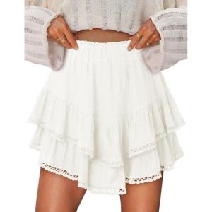 imageIDEALSANXUN Womens Flowy Shorts Tiered Ruffle Skorts High Waisted Casual Boho Lace Mini SkirtWhite