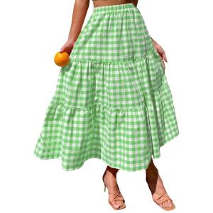 imageIDEALSANXUN Womens Gingham Maxi Skirts Elastic High Waisted Gingham Flowy Spring Summer Y2K Casual Boho Plaid SkirtLight Green